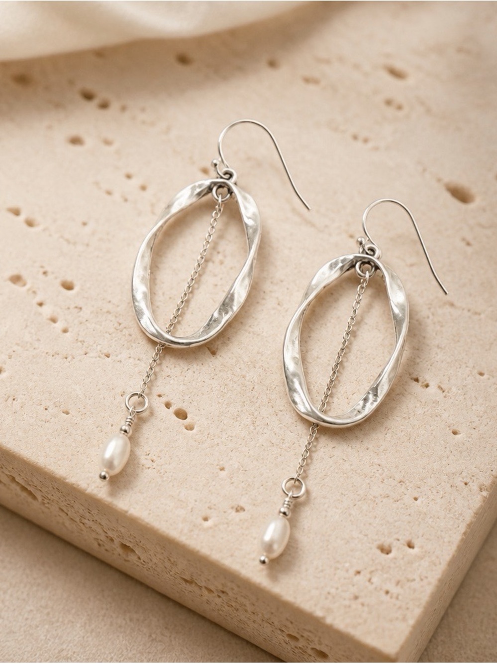 Silver Oval Drop Earrings with Pearl Accent - Silver